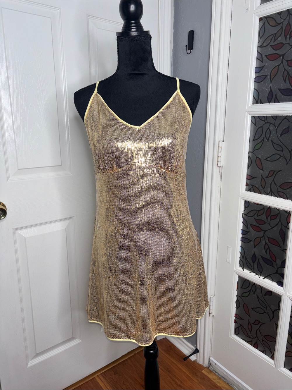 Gold Sequin Mini Slip Dress with Thin Straps